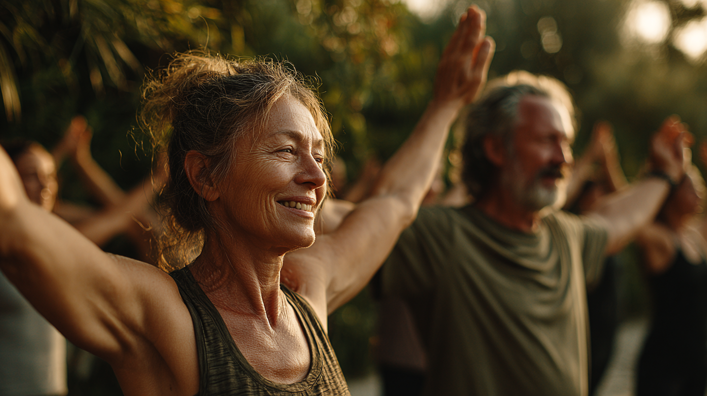 Група людей зрілого віку виконує дихальні вправи в парку